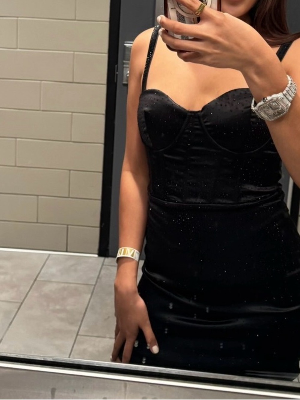Windsor Black Rhinestone Satin Bodycon Mini Dress – Size Small